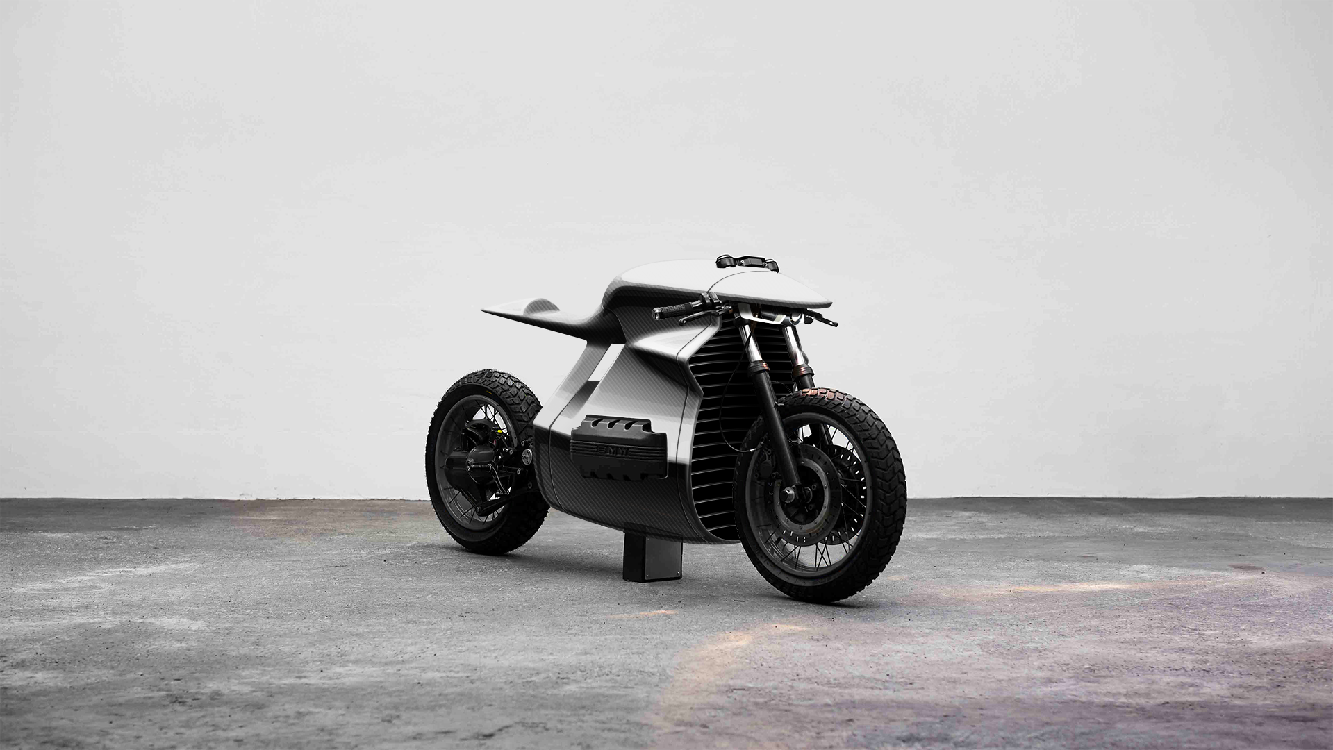 Un croquis d'une moto conceptuelle basée sur une BMW K100, vue avant trois-quarts.