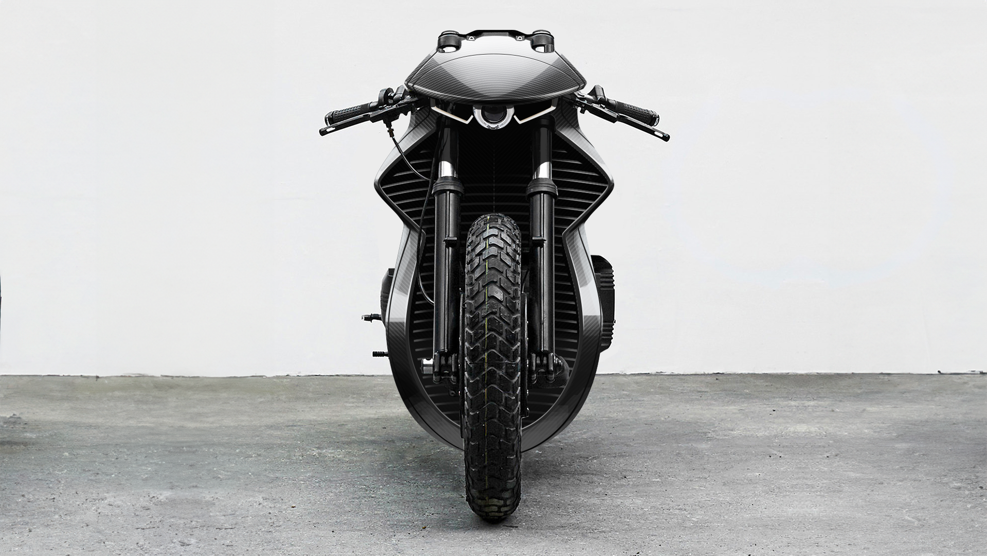 Un croquis d'une moto conceptuelle basée sur une BMW K100, vue avant.