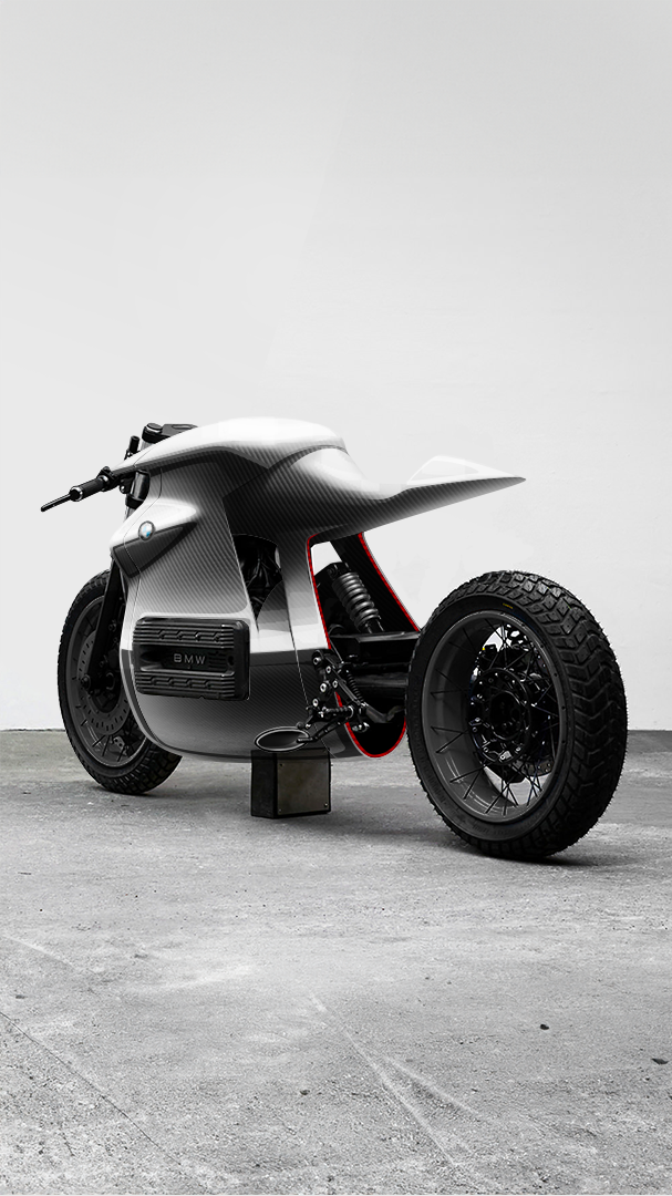 Un croquis d'une moto conceptuelle basée sur une BMW K100, vue arrière trois-quarts.